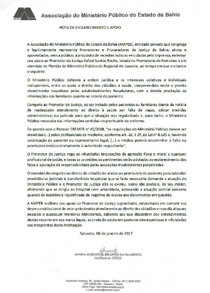 AMPEB divulga Nota de Apoio a Promotor de Justiça
