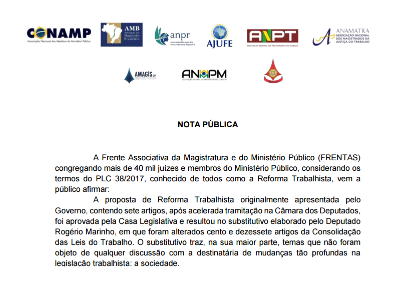 Magistratura e Ministério Público pedem a rejeição da reforma da trabalhista