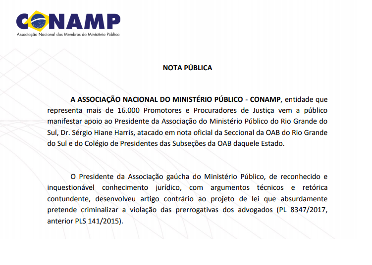 CONAMP apoia presidente da AMPRS após ataques da OAB à artigo de sua autoria