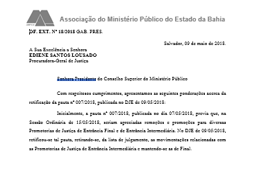 Edital para julgamento de movimentação de promotorias intermediárias é republicado após atuação da AMPEB