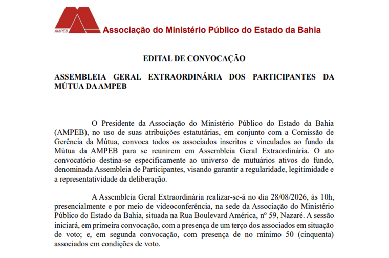 AMPEB convoca integrantes da Mútua para Assembleia Geral